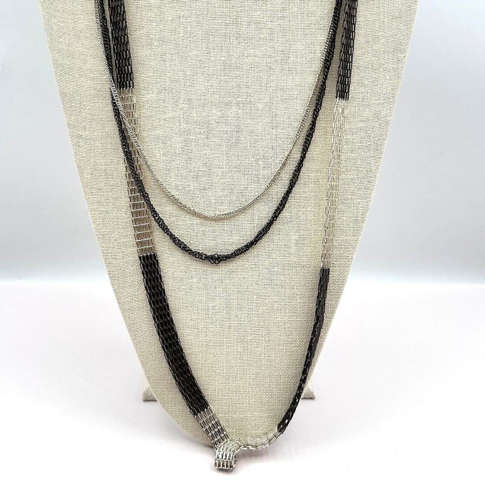 Vintage 90s Silver Tone Black Multi Strand Mesh Chain Statement Necklace Jewelry